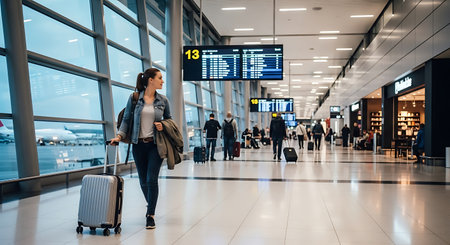 A young woman with luggage walks through a spacious, modern airport terminal.の素材