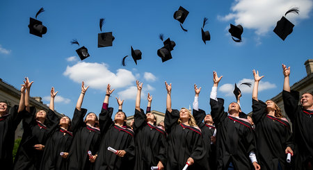 Joyous graduates in gowns and caps celebrate success under a clear sky.の素材