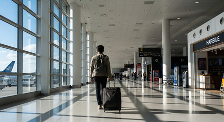 A person with a backpack and suitcase walks through a bright airport concourse.の素材