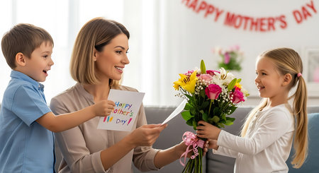Smiling mother receives gifts from kids on Mother's Day, happy family.の素材