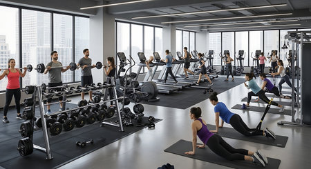 People lifting weights, doing cardio, and yoga in a modern city gym.の素材