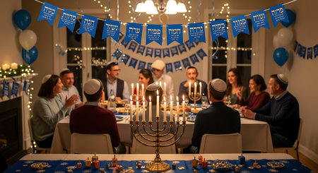 Family and friends gather for a heartwarming Hanukkah dinner, menorah glowing, filled with tradition and cheer.の素材