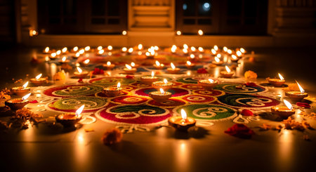Warm glow of traditional diyas surrounding an intricate rangoli design, festive.の素材
