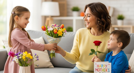 Loving family celebrating Mother's Day with flowers, gifts, and smiles at home.の素材