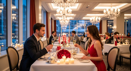 Romantic champagne toast in a luxury restaurant, intimate candlelit setting.の素材