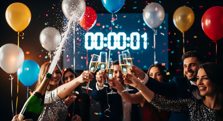Joyful friends celebrate New Year with champagne pop and cheers at a party.の素材