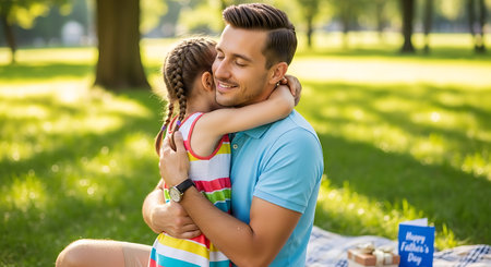 Father and daughter share a loving embrace on Father's Day in a sunny park.の素材