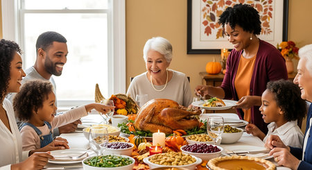 Multi-generational family enjoying a joyful Thanksgiving dinner with a delicious feast, warmth, and togetherness.の素材