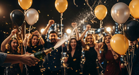 Diverse group celebrating with champagne pop and confetti at a vibrant party.の素材