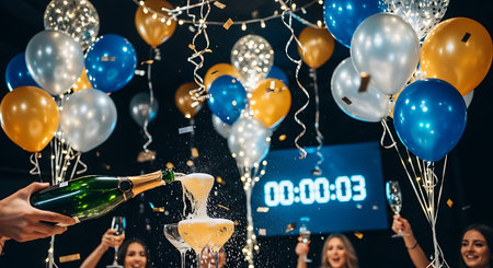Festive New Year's Eve party with champagne, balloons, and countdown.の素材