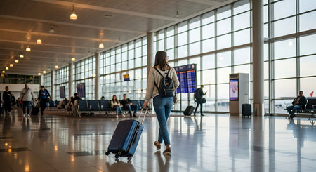 Young woman with a suitcase at the airport, waiting for her flightの素材