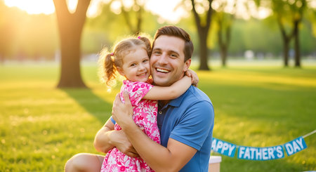 Happy father and daughter in the park. Father's day concept.の素材