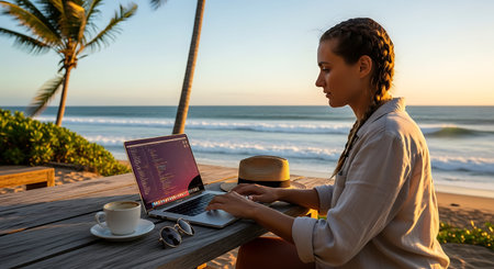 Young woman working on laptop and drinking coffee on the beach at sunsetの素材