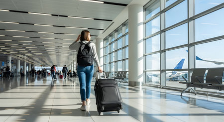 Young woman with a suitcase in the airport terminal. Traveling conceptの素材