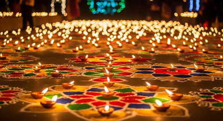Diwali oil lamps lit on colorful rangoli in Kolkata, West Bengal, Indiaの素材