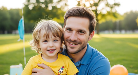 portrait of happy father and son smiling at camera in park on sunny dayの素材