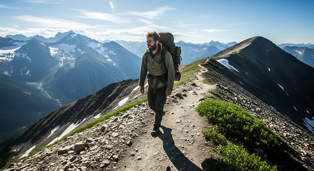 Hiking in the mountains. A man with a backpack walks along the trail.の素材