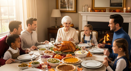 happy family with roasted turkey at Thanksgiving dinner party in living room at homeの素材
