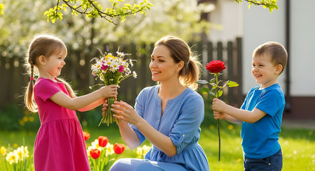 happy mother and kids giving bouquet of flowers to each other outdoorsの素材