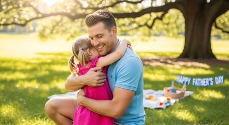 Smiling father and his daughter sharing a warm hug in a sunny park celebrating Father's Day.の素材