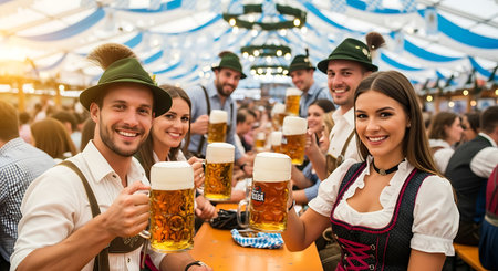 Happy people in traditional Bavarian outfits enjoying beer at Oktoberfest.の素材