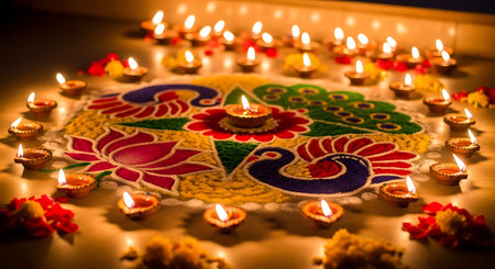 Beautiful rangoli design with peacocks and lotus, surrounded by glowing diyas.の素材
