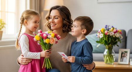 Children surprise their smiling mother with flowers and a card at home.の素材