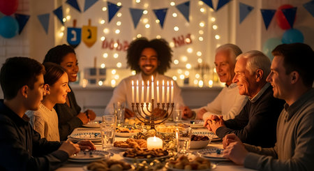 Happy diverse family gathered for a festive Hanukkah dinner celebration.の素材
