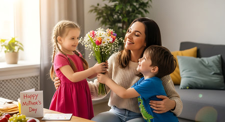 Joyful mom receives flowers from happy kids on Mother's Day. Loving family moment.の素材