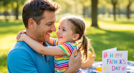 Joyful father and daughter hugging on Father's Day in a sunny park.の素材
