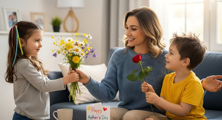 Smiling mother receives flowers from happy kids celebrating Mother's Day at home.の素材