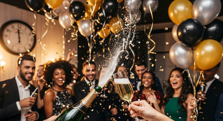 Happy people enjoying a festive party with champagne and golden confetti.の素材