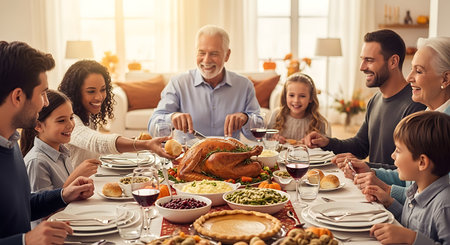 Joyful multi-generational family gathered for Thanksgiving dinner at home.の素材