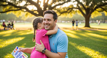 A loving father and daughter hug with a Father's Day card in a sunny park.の素材