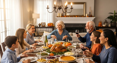 Happy multi-generational family celebrating Thanksgiving feast at home.の素材
