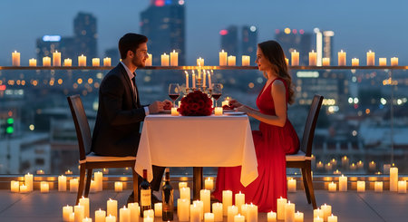 Elegant couple enjoying a romantic candlelit rooftop dinner with city views.の素材