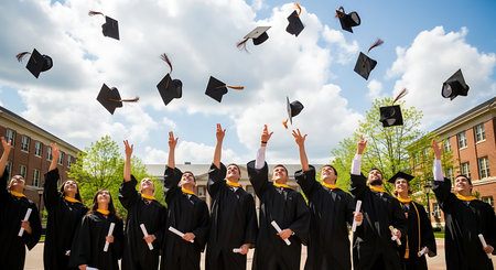 Happy graduates celebrate academic achievement by tossing caps skyward.の素材