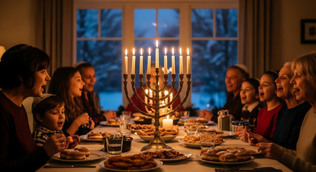 Festive Hanukkah gathering: family, menorah, traditional food, winter.の素材