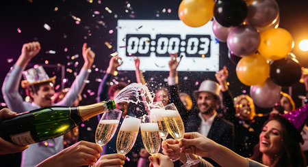 Joyful friends celebrating New Year's Eve with champagne and confetti.の素材