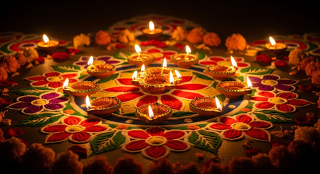 Warm glow of traditional diyas on a festive, colorful rangoli at night.の素材