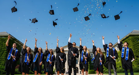 Diverse students in caps and gowns toss hats and confetti, celebrating graduation.の素材