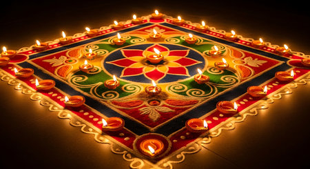 Festive Indian rangoli, adorned with many glowing diyas, celebrating light.の素材