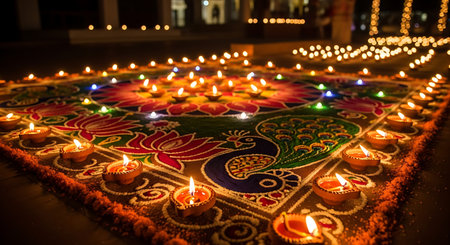 Colorful rangoli adorned with numerous glowing oil lamps at night.の素材