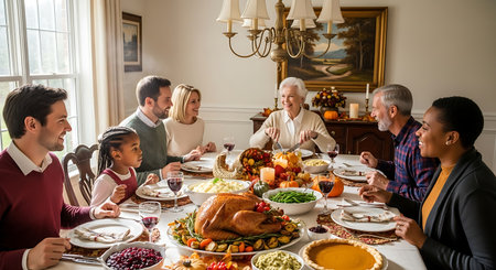 Multi-generational diverse family enjoying a festive Thanksgiving dinner.の素材