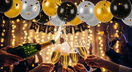 Joyful toast with champagne, balloons, and confetti, festive bokeh lights background.の素材