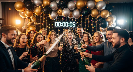 Friends pop champagne, celebrate New Year's Eve with joy and confetti.の素材