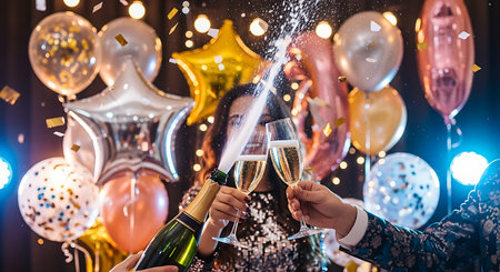 Festive scene of champagne popping and glasses toasting at a vibrant party with balloons and falling confetti.の素材