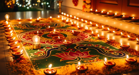 Vibrant Rangoli art illuminated by traditional diyas for a festive Indian celebration.の素材
