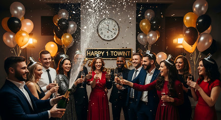 Excited friends celebrating New Year's Eve with champagne and confettiの素材