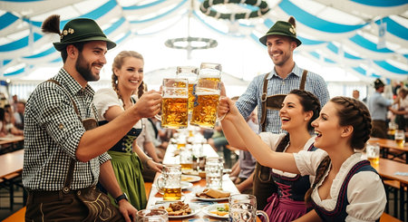 Joyful friends in Bavarian attire toast beer, celebrating at Oktoberfest.の素材